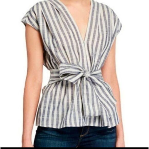 Max Studio Tops - Max Studio Women's V-neck Sleeveless Blue White Striped Belted Blouse Size Small